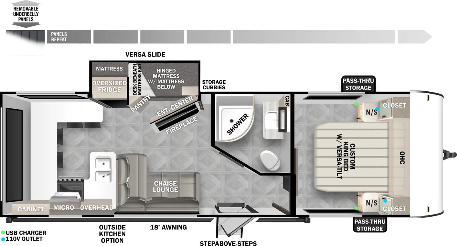 The Wildwood X-Lite 24VIEW floorplan has one slideout and one entry. Exterior features removable underbelly panels, pass-thru storage, StepAbove entry steps, exterior camp kitchen, and an 18 foot awning. Interior layout front to back: custom king bed with versa-tilt, overhead cabinet and closet with night stand on each side; off-door side full bathroom; door side entry, and chaise lounge; off-door side versa slideout features a hinged mattress with mattress below, pantry, storage cubbies, desk beneath mattress pad behind an entertainment center with fireplace, and oversized refrigerator; rear kitchen with peninsula kitchen counter that wraps all around the from door-side around the back to the off-door side with sink, overhead cabinet, microwave, cooktop, and barstools.